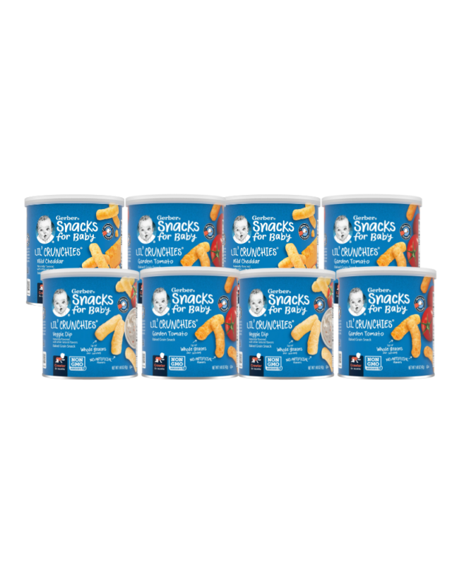 Gerber Snacks for Baby Lil Crunchies – Variety Pack of 8 (Mild Cheddar, Garden Tomato, Veggie Dip)