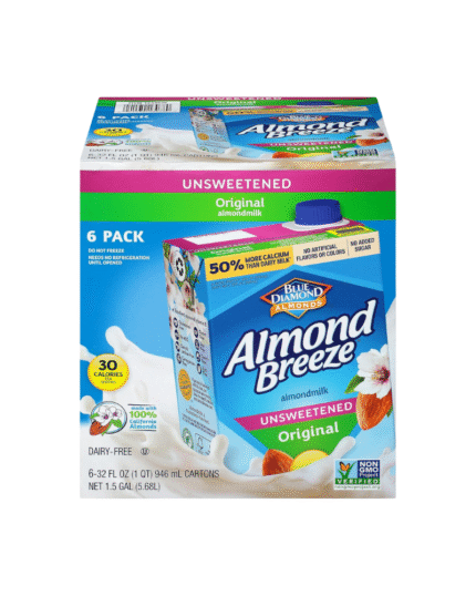 Almond Breeze Unsweetened Original Almondmilk – 6-Pack (32 fl oz each) | Dairy-Free, Low-Calorie Milk