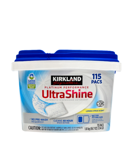 Kirkland UltraShine Dishwasher Detergent Pacs – 115 Count | Lemon Citrus Scent, Platinum Performance, No Pre-Wash Needed