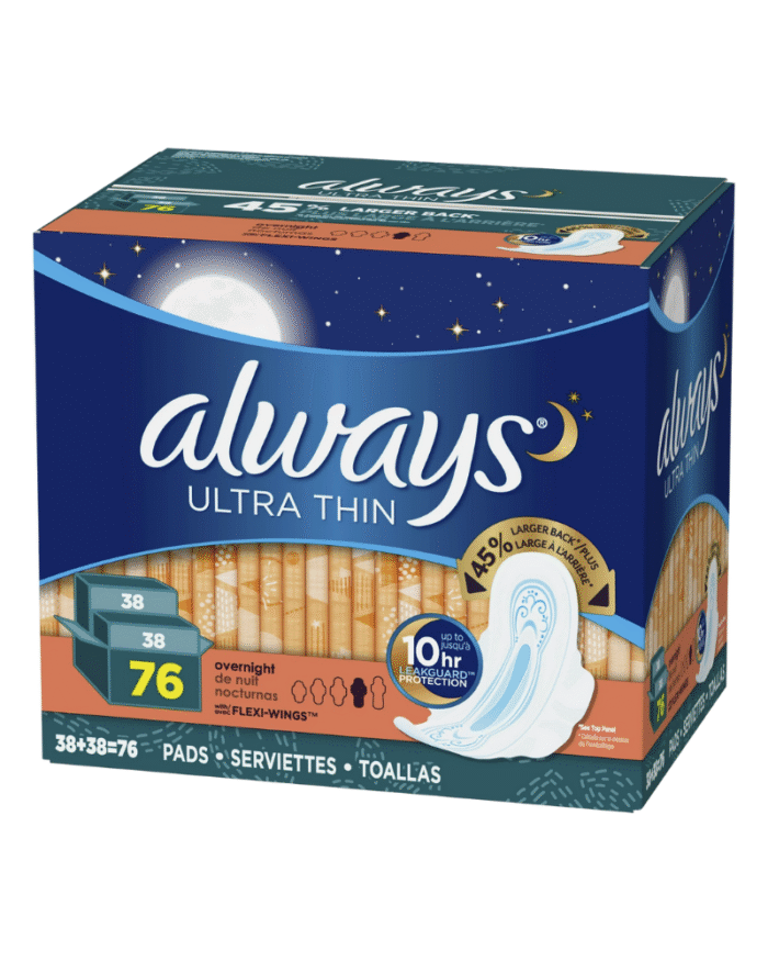 Always Ultra Thin Overnight Pads Size 4 with Flexi-Wings, 76 Count