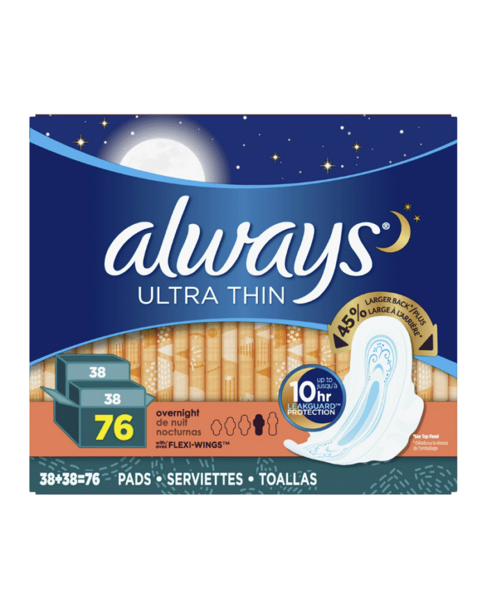Always Ultra Thin Overnight Pads Size 4 with Flexi-Wings, 76 Count