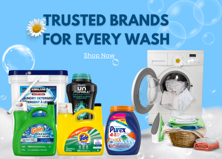 Laundry products including Gain, Tide, Purex, Kirkland, and Downy Unstopables available at Mehoma Groceries.