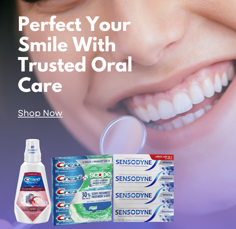 Oral care products including Crest toothpaste, Sensodyne, and mouthwash available at Mehoma Groceries.