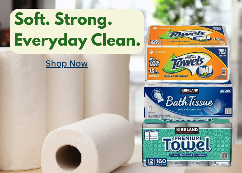 Paper towels and bath tissue from brands like Kirkland and Bounty available at Mehoma Groceries.