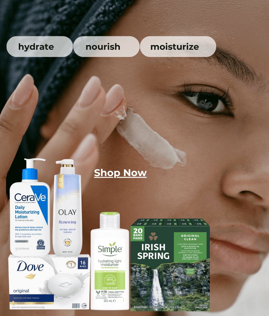 Skincare and body care products including CeraVe, Olay, Dove, Simple, and Irish Spring available at Mehoma Groceries.