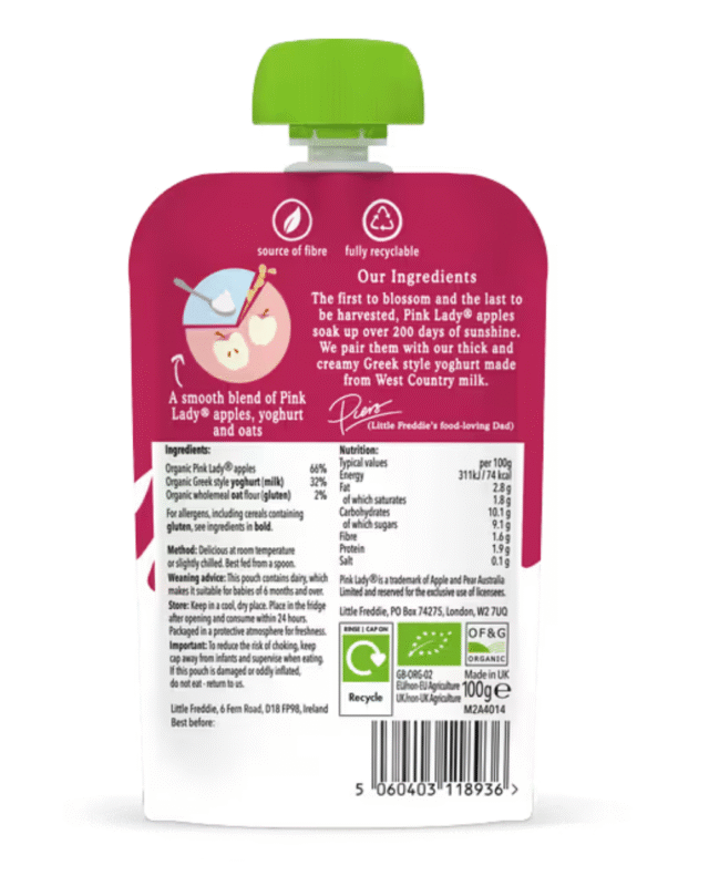 Little Freddie Organic Pink Lady Apple Yoghurt Pouch (100g)